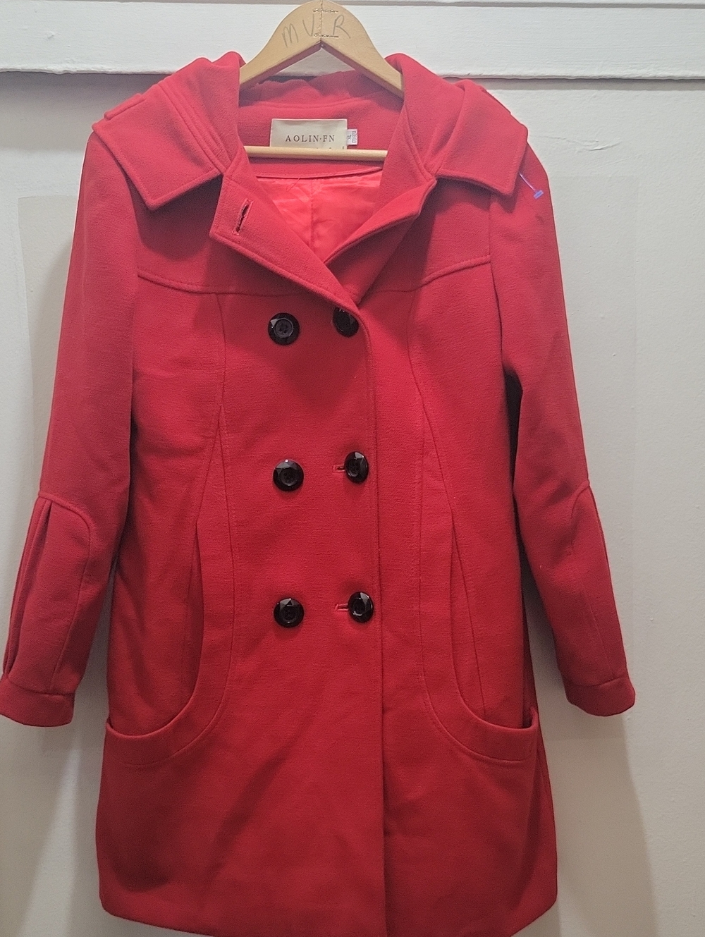 Women's Red Double-Breasted Hooded Pea Coat